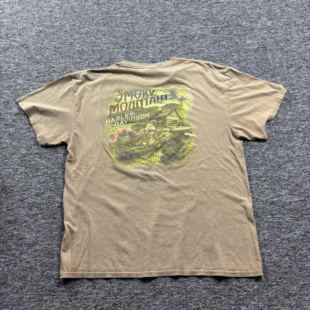 Grunge Harley Davidson Biker Smoky Mountain Brown Pocket T-Shirt Size Large - Picture 5 of 6